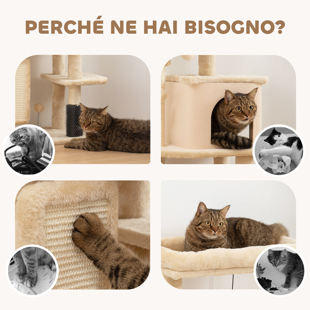Multi-Level Cat Tree, 104 cm Tall, with House, Bed, Scratching Posts, Brush and Ball, Beige