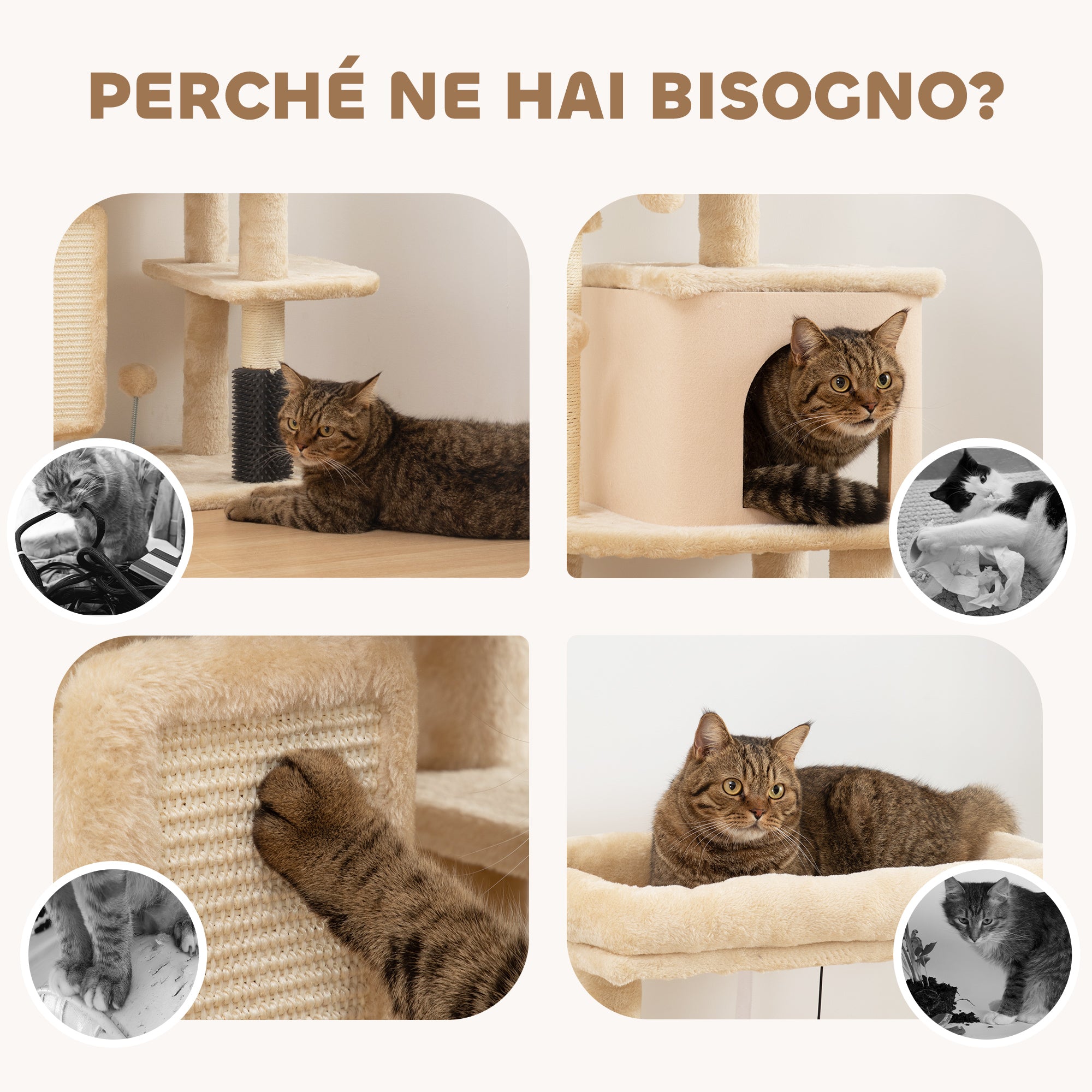 Multi-Level Cat Tree, 104 cm Tall, with House, Bed, Scratching Posts, Brush and Ball, Beige