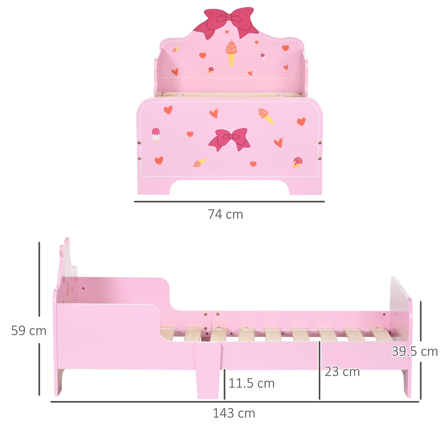 Children's Bed with Sides and Bows and Hearts Pattern, Age 3-6 Years, 143x74x59cm, Pink