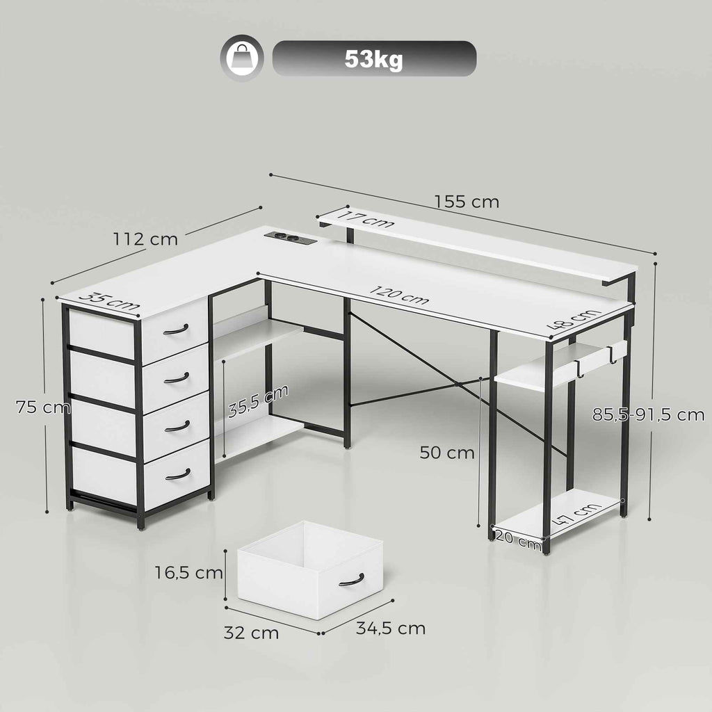 HOMCOM Corner Desk with Sockets, 4 Fabric Drawers, Monitor Riser and 2 Hooks, 155x112x85.5-91.5 cm, Black and White