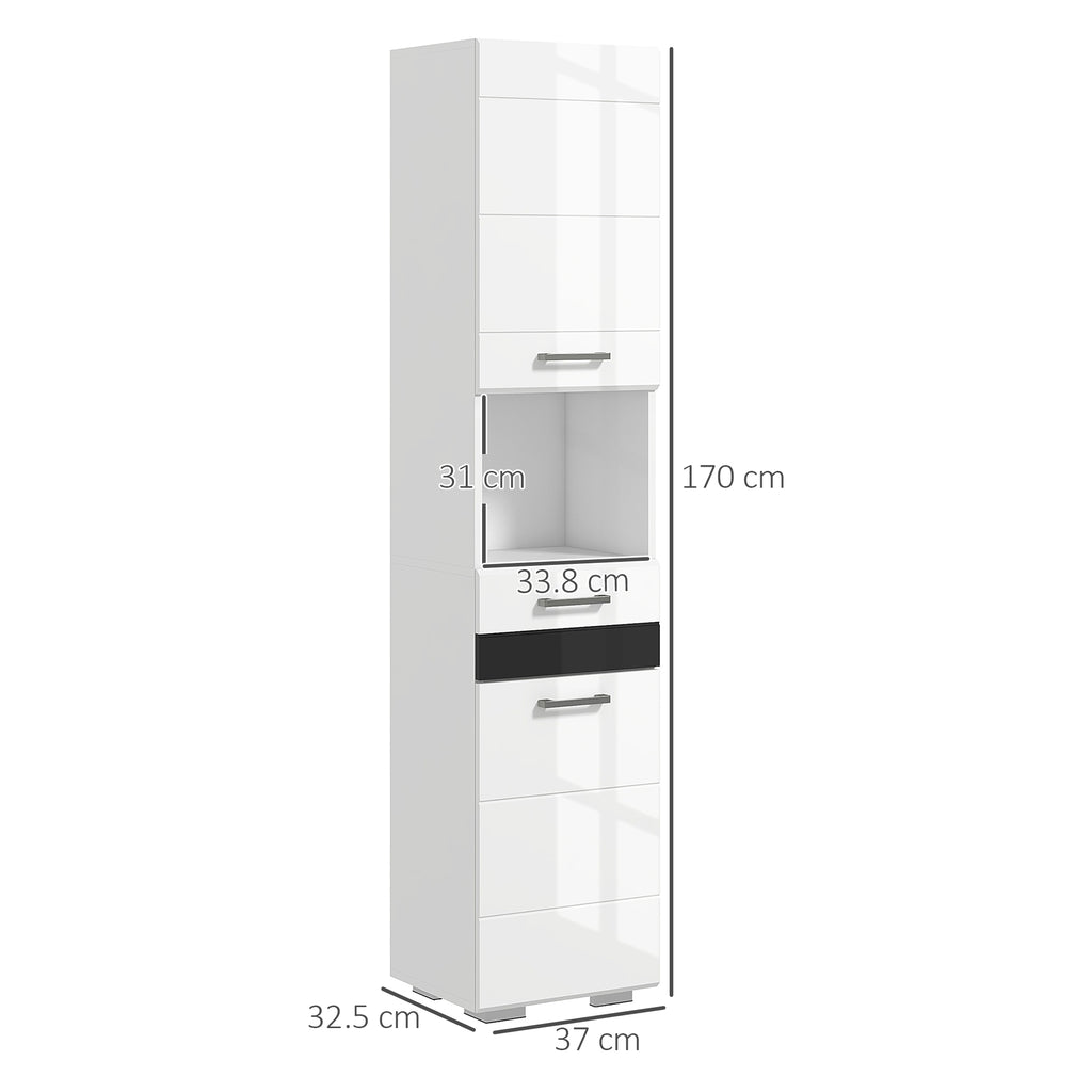 Kleankin Bathroom column in MDF with open shelf, drawer and locked locker, 37x32.5x170 cm, white - Borgè