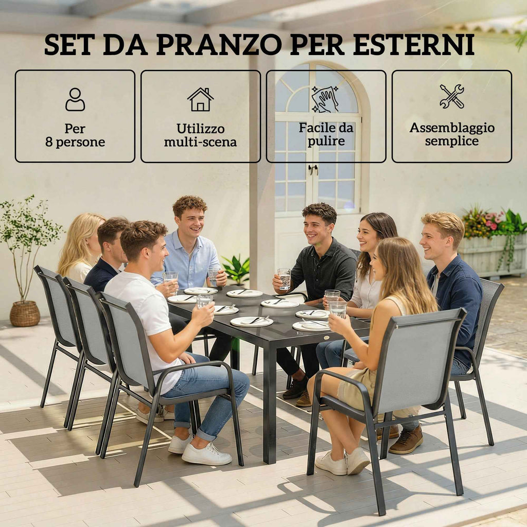 Outsunny 9-Piece Outdoor Set with 8 Stackable Texteline Chairs and Glass-Top Coffee Table, Light Grey