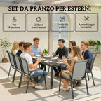 Outsunny 9-Piece Outdoor Set with 8 Stackable Texteline Chairs and Glass-Top Coffee Table, Light Grey
