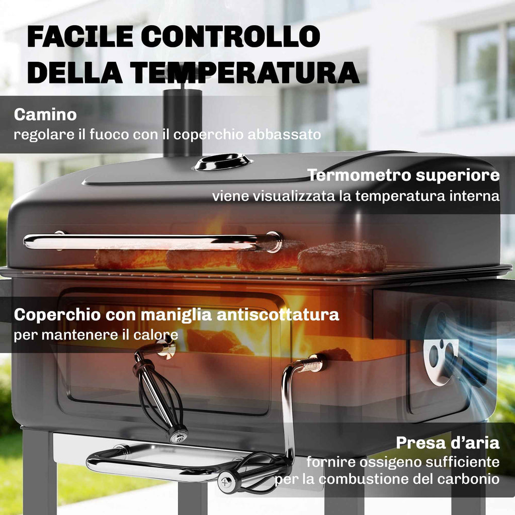 Outsunny Charcoal Barbecue, Smoker Grill with Wheels for Outdoor Use, Black