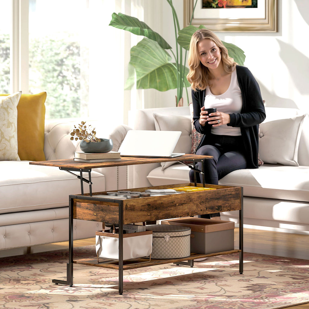 Industrial Style Lift-Up Coffee Table with Hidden Storage and Bottom Shelf, Brown