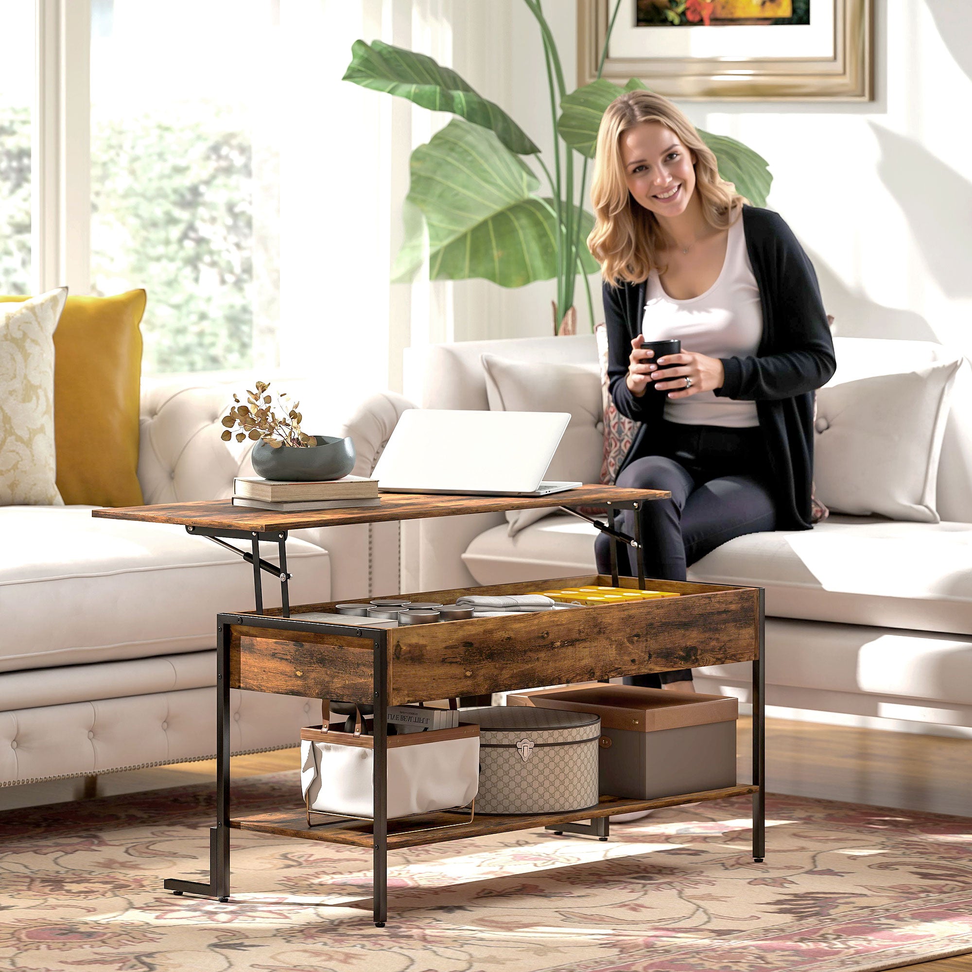 Industrial Style Lift-Up Coffee Table with Hidden Storage and Bottom Shelf, Brown