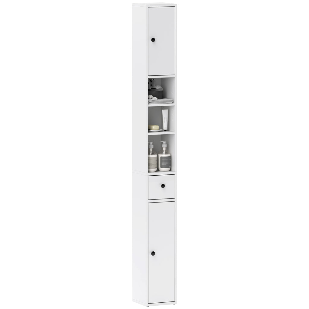 Space-Saving Bathroom Column with 2 Cabinets, 3 Open Shelves and Drawer, in Wood, 20x20x178 cm, White