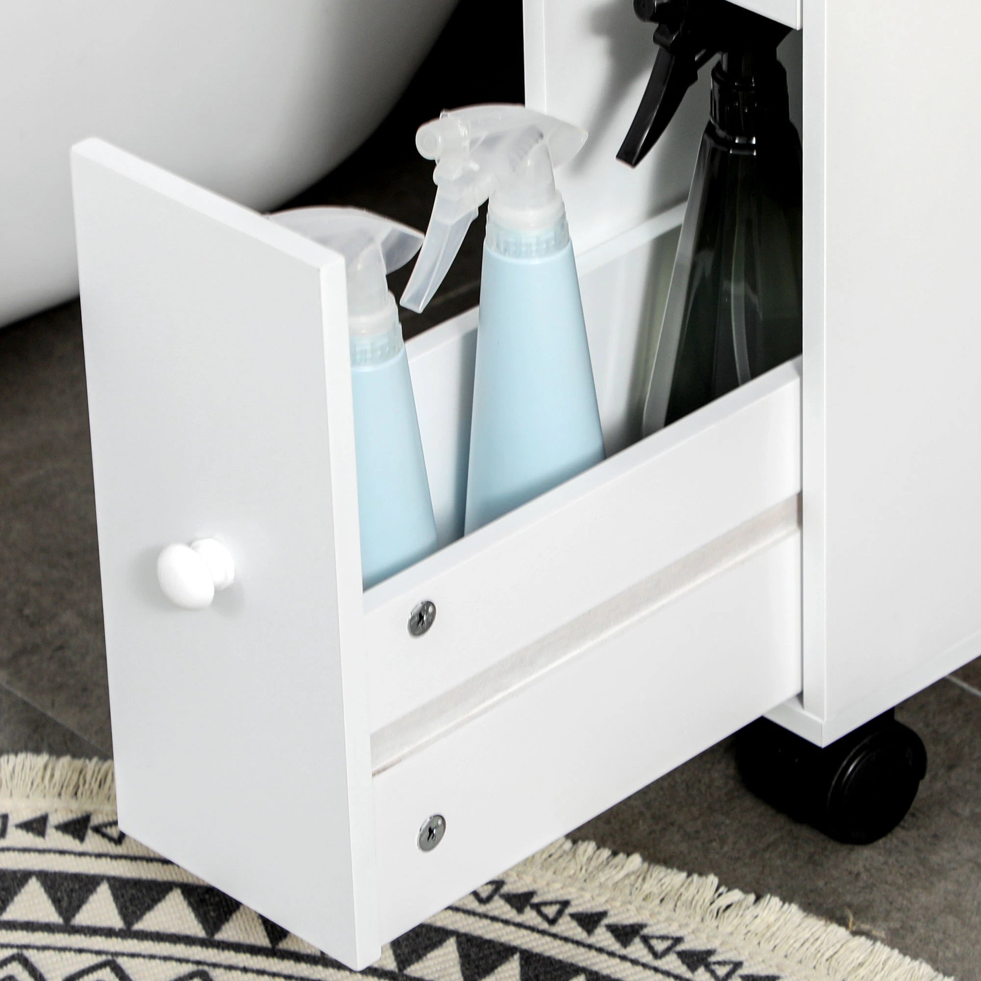 Space Saving Bathroom Cabinet with 4 Wheels, 2 Drawers and Open Shelf, 16x49.5x66cm, White