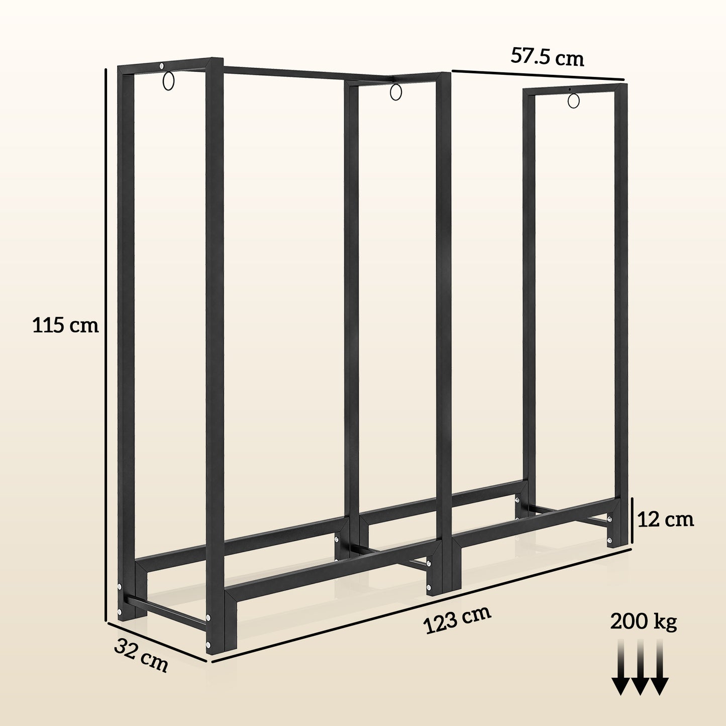 Steel Fireplace Log Holder with 6 Legs and 3 Rings, 123x32x115 cm, Black