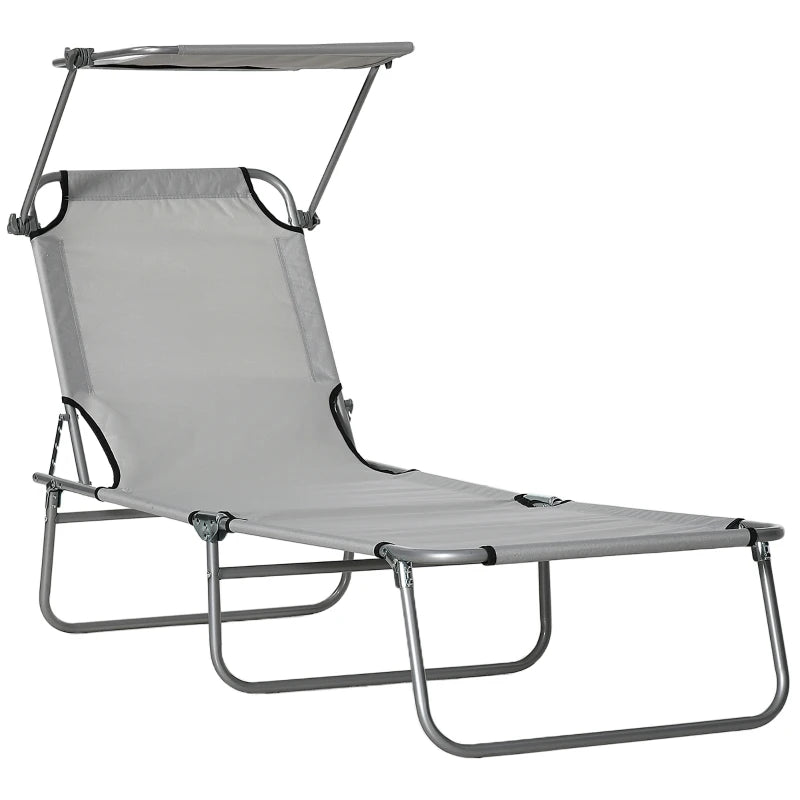 Folding Garden Lounger with Adjustable Canopy and 4-Level Reclining Backrest, Light Grey