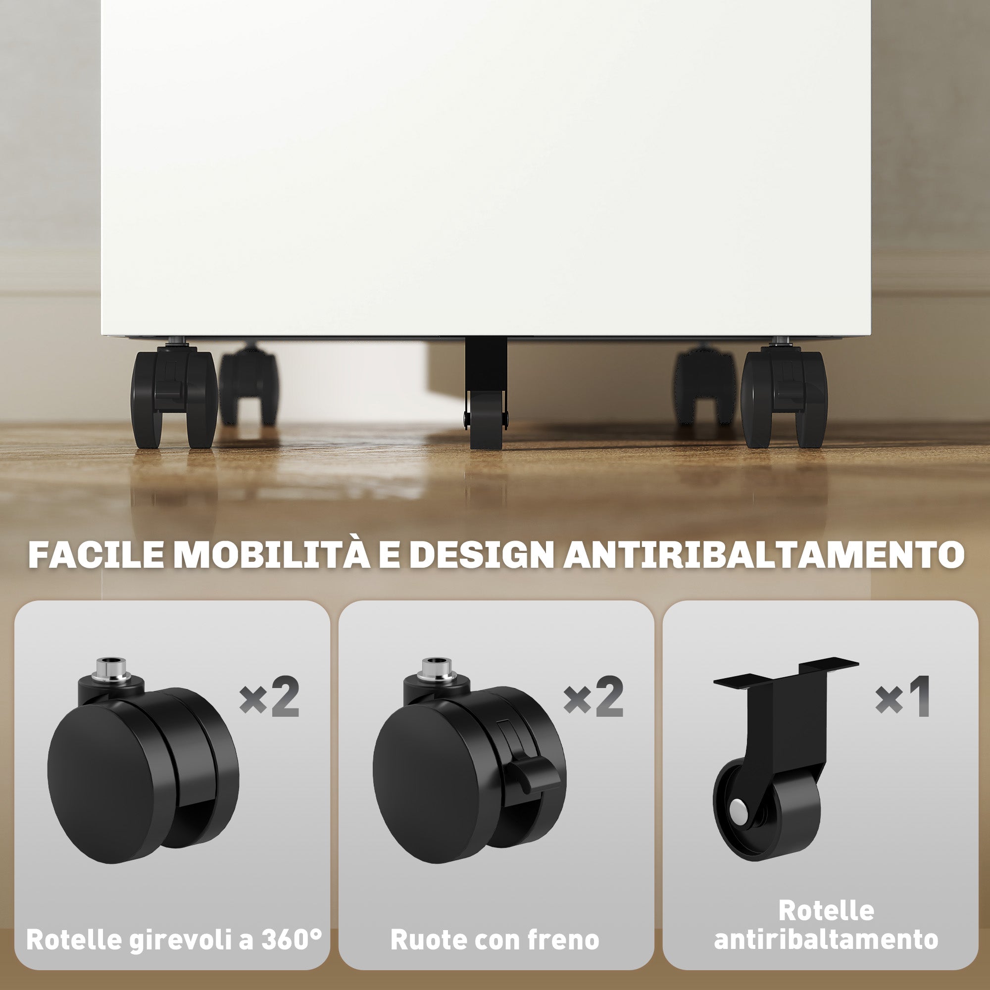 Steel Document Holder on 5 Wheels with 2 Drawers and Pen Tray, 30x43.5x60 cm, White
