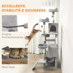Cat Tree with Ladder, 2 Hammocks, 3 Perches, 2 Houses and 3 Platforms, 48x48x192 cm, Grey and Cream
