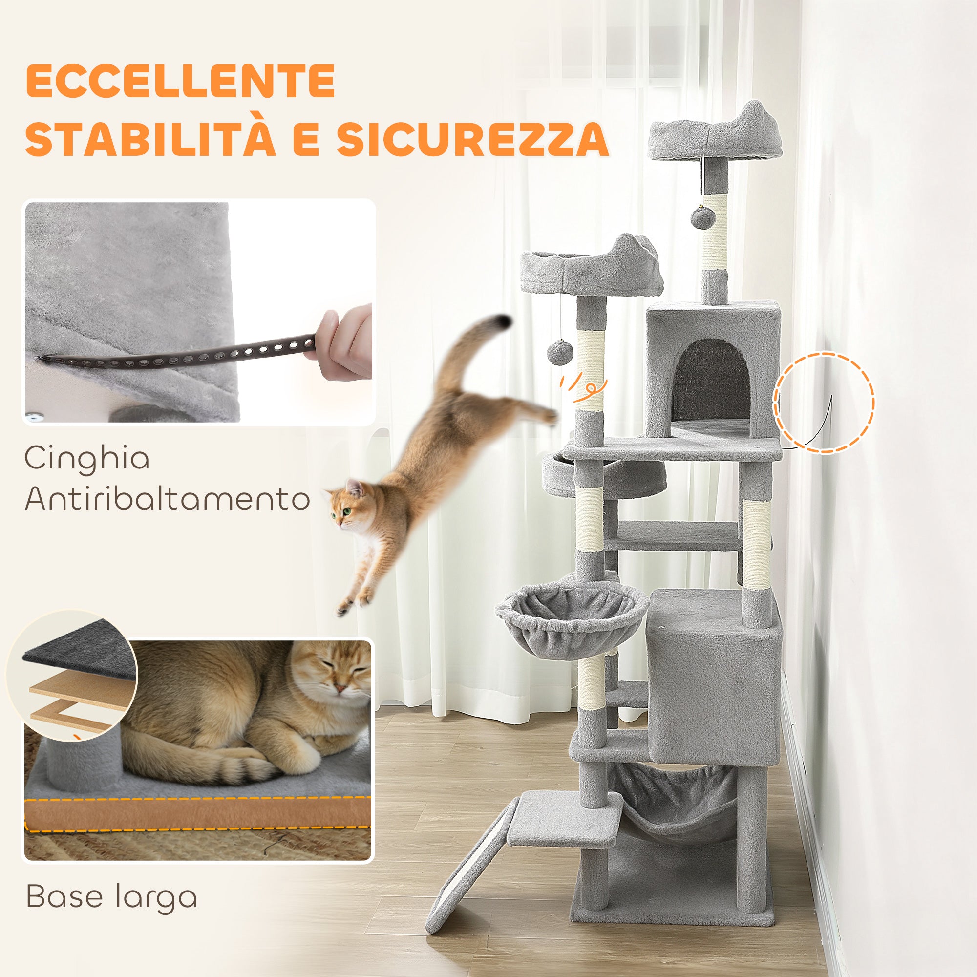 Cat Tree with Ladder, 2 Hammocks, 3 Perches, 2 Houses and 3 Platforms, 48x48x192 cm, Grey and Cream