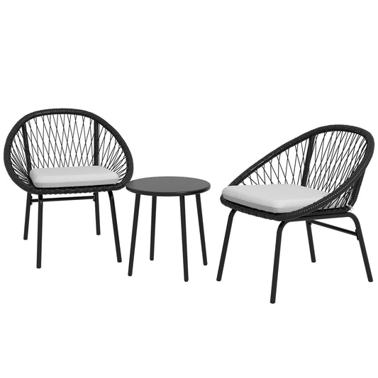 Garden set with 2 chairs with Cushions and coffee table in steel and rattan, black