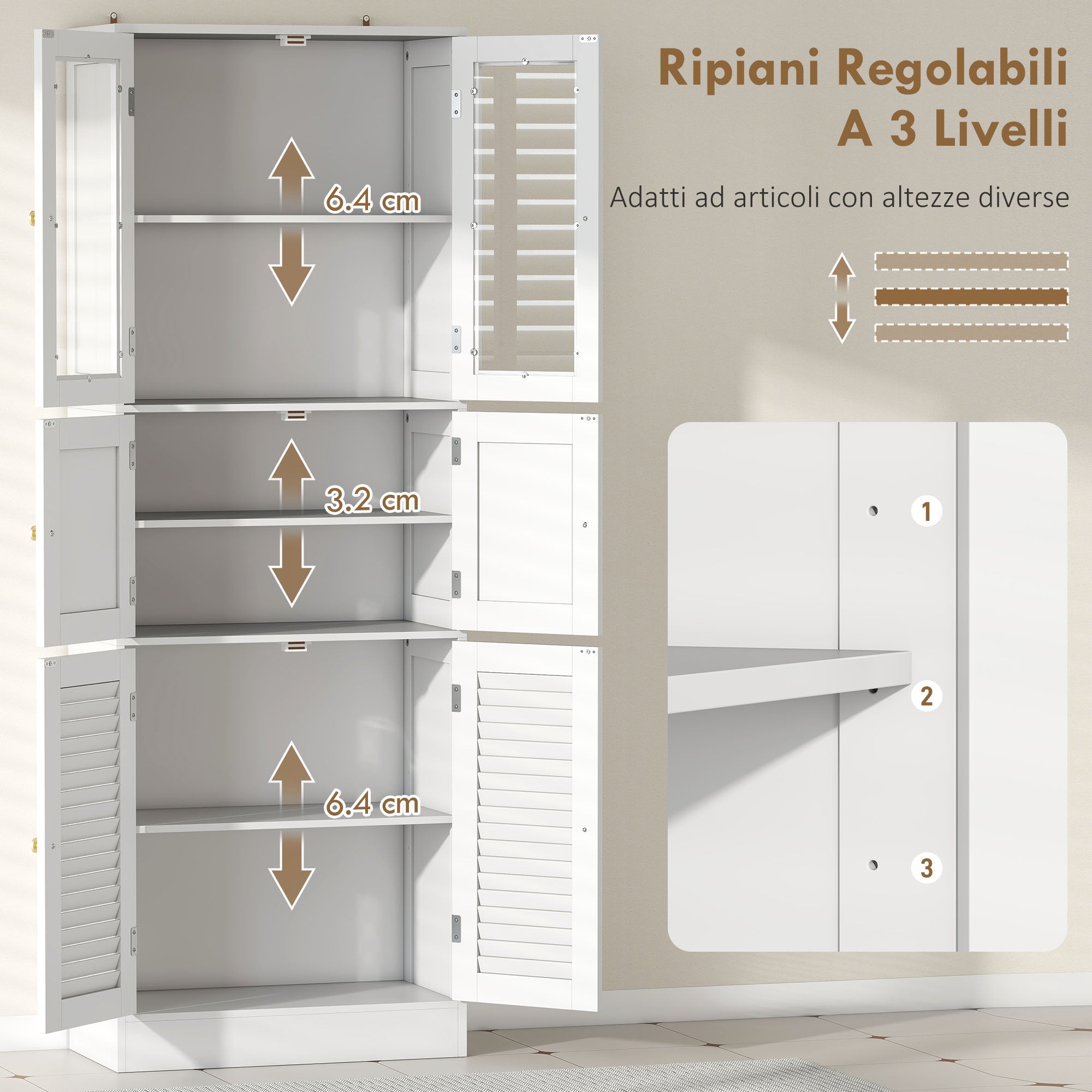 Bathroom Cabinet with 3 Glass and Wood 2-Door Cabinets, Adjustable Shelves, 60x30x170 cm, White