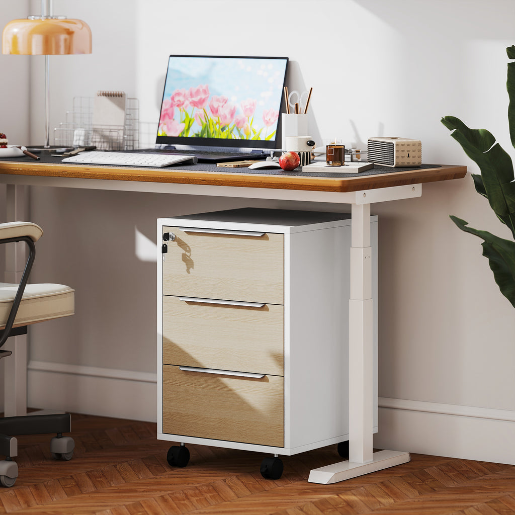 Office Filing Cabinet with 3 Drawers, 4 Wheels, Office Drawer Unit with Lock and 2 Keys, White and Oak