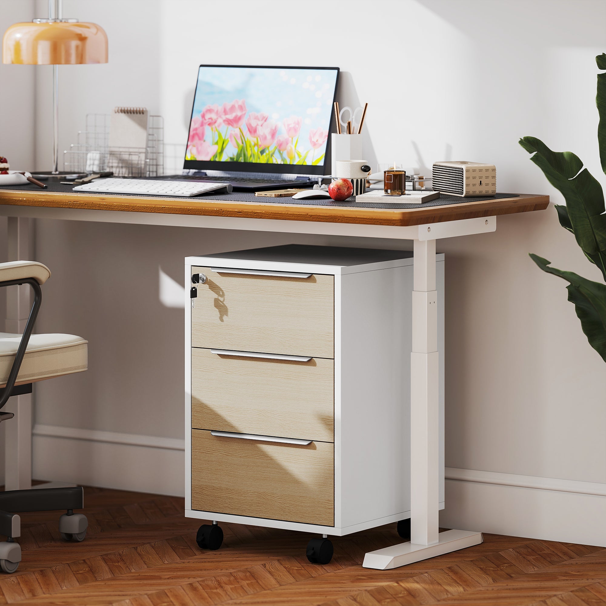 Office Filing Cabinet with 3 Drawers, 4 Wheels, Office Drawer Unit with Lock and 2 Keys, White and Oak