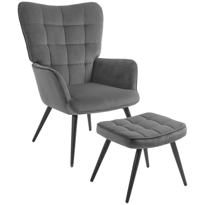 Upholstered Armchair with Armrests and Integrated Footrest in Dark Grey Velvet Effect Fabric - Borgè