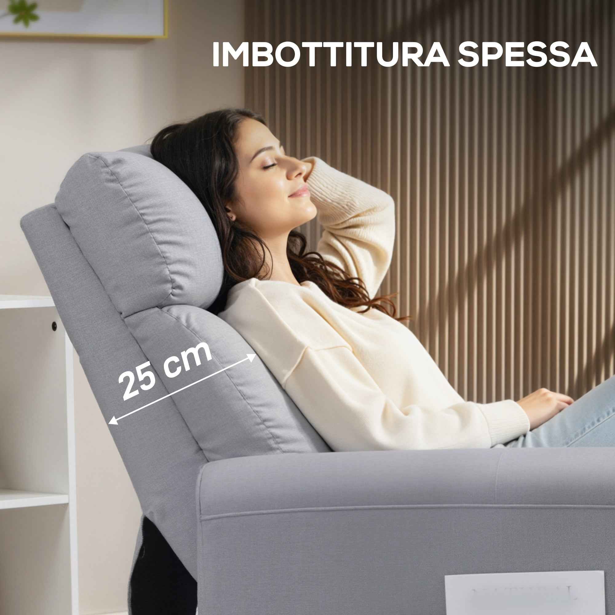 HOMCOM Reclining Chair 135° max in Linen Effect Fabric, Foam, Steel and Wood, 73x86x100 cm, Light Grey