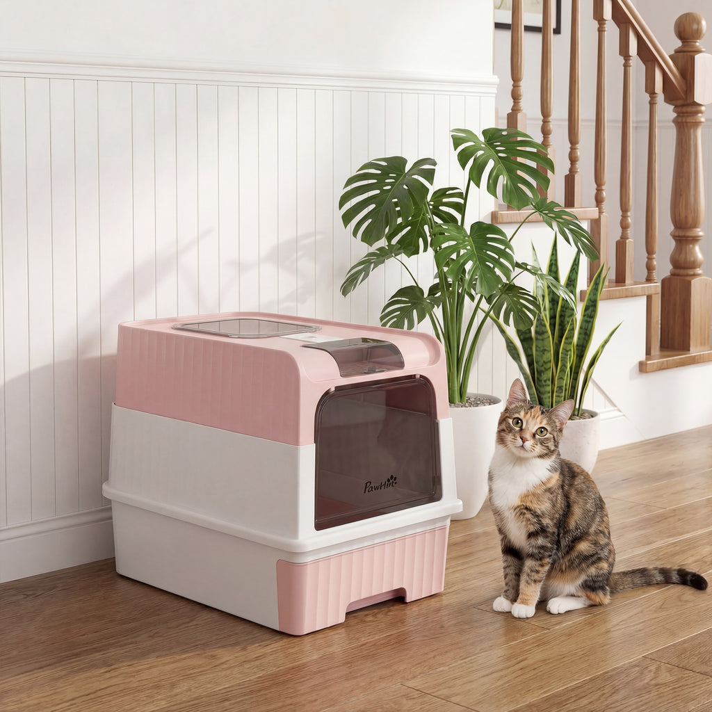 PawHut Enclosed Cat Litter Box with Removable Tray, Scoop and Deodorizer, 48x35x36 cm, Pink