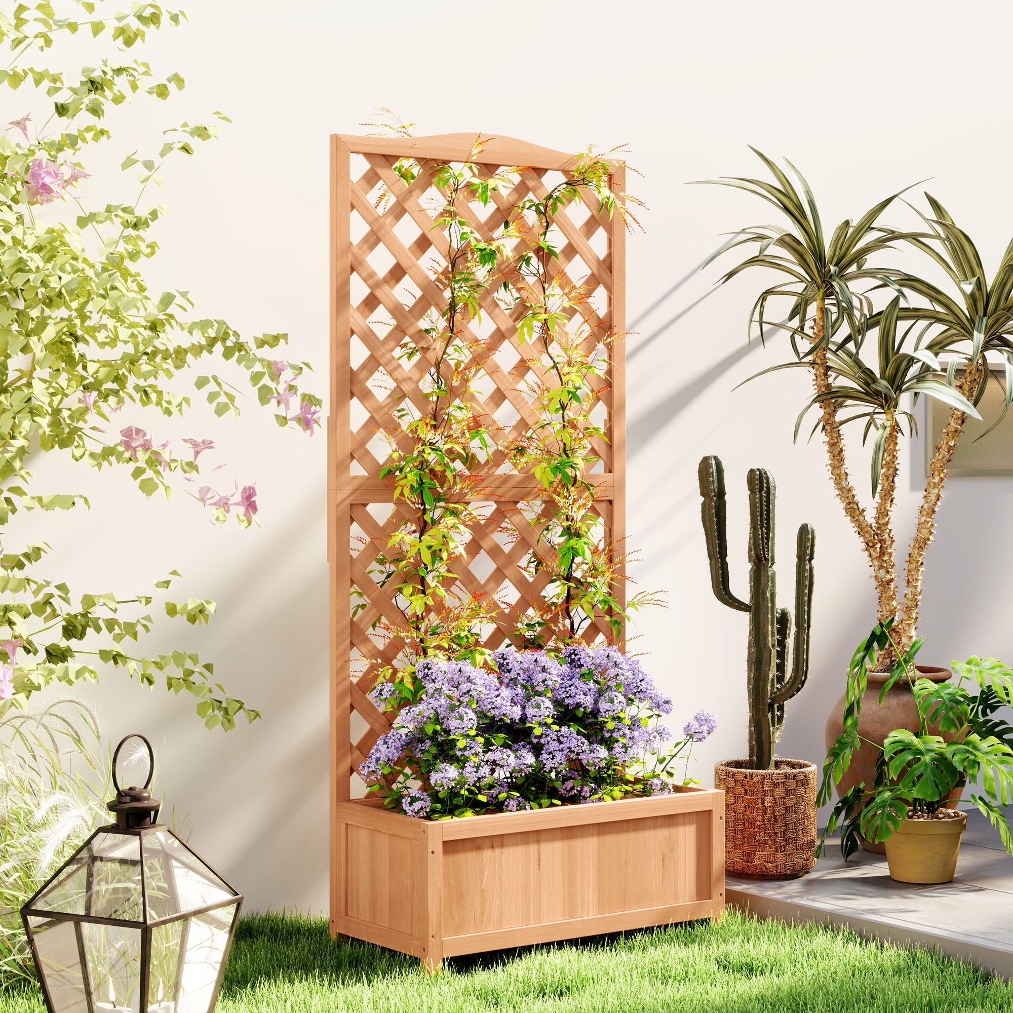 Planter with Trellis for Climbing and Wide Bottom, in Fir Wood, 76x36x170 cm, Brown