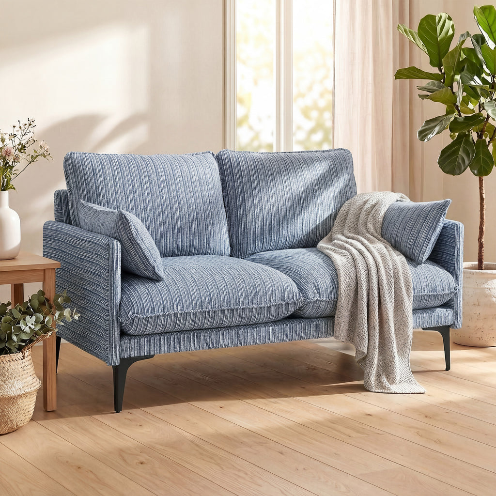HOMCOM 2-Seater Fabric Sofa with Armrests, Thick Padding and 2 Cushions, 131x78x83 cm, Blue