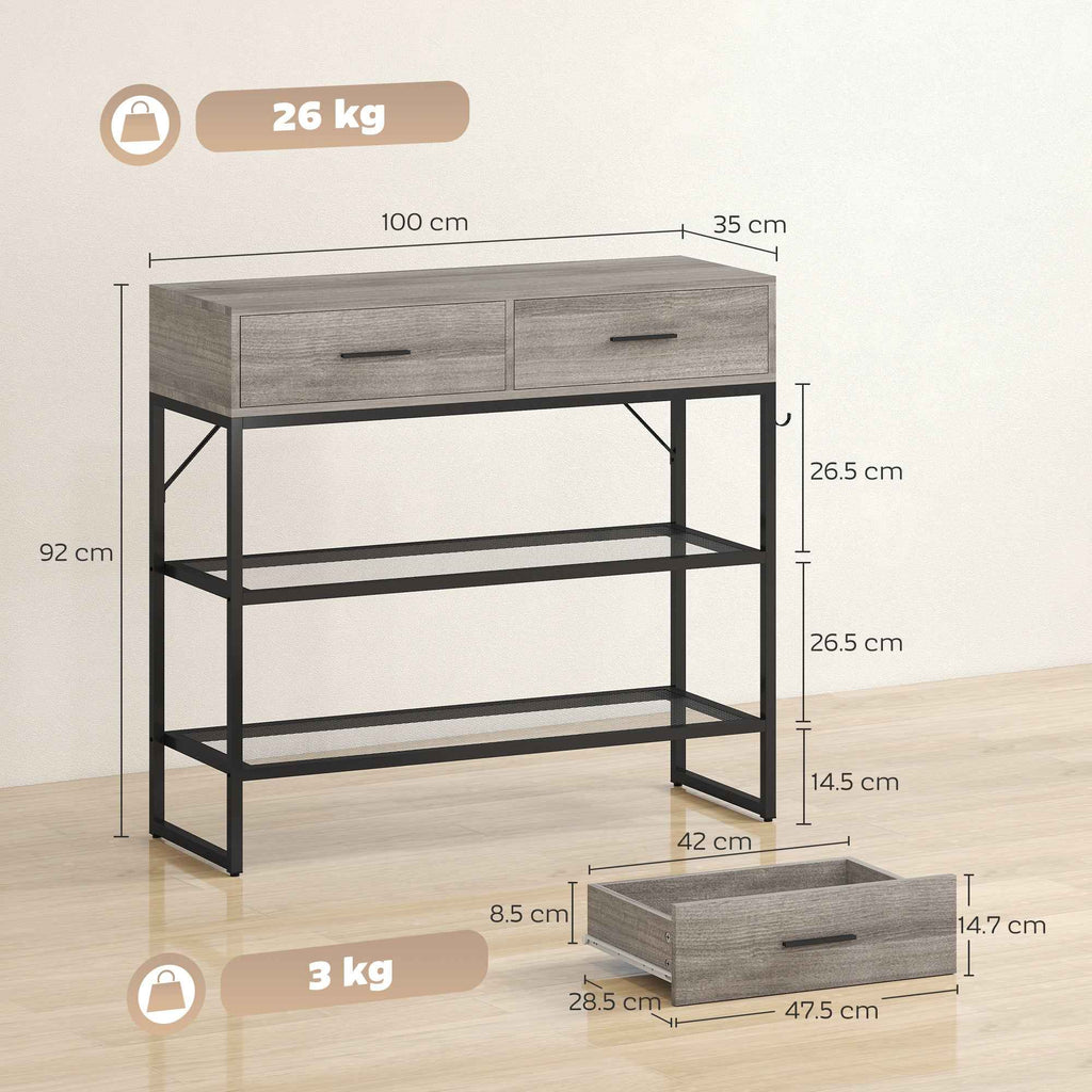 HOMCOM Entrance Console Table with 2 Drawers, 2 Shelves and Side Hook, in Wood and Metal, 100x35x92 cm, Black and Wood