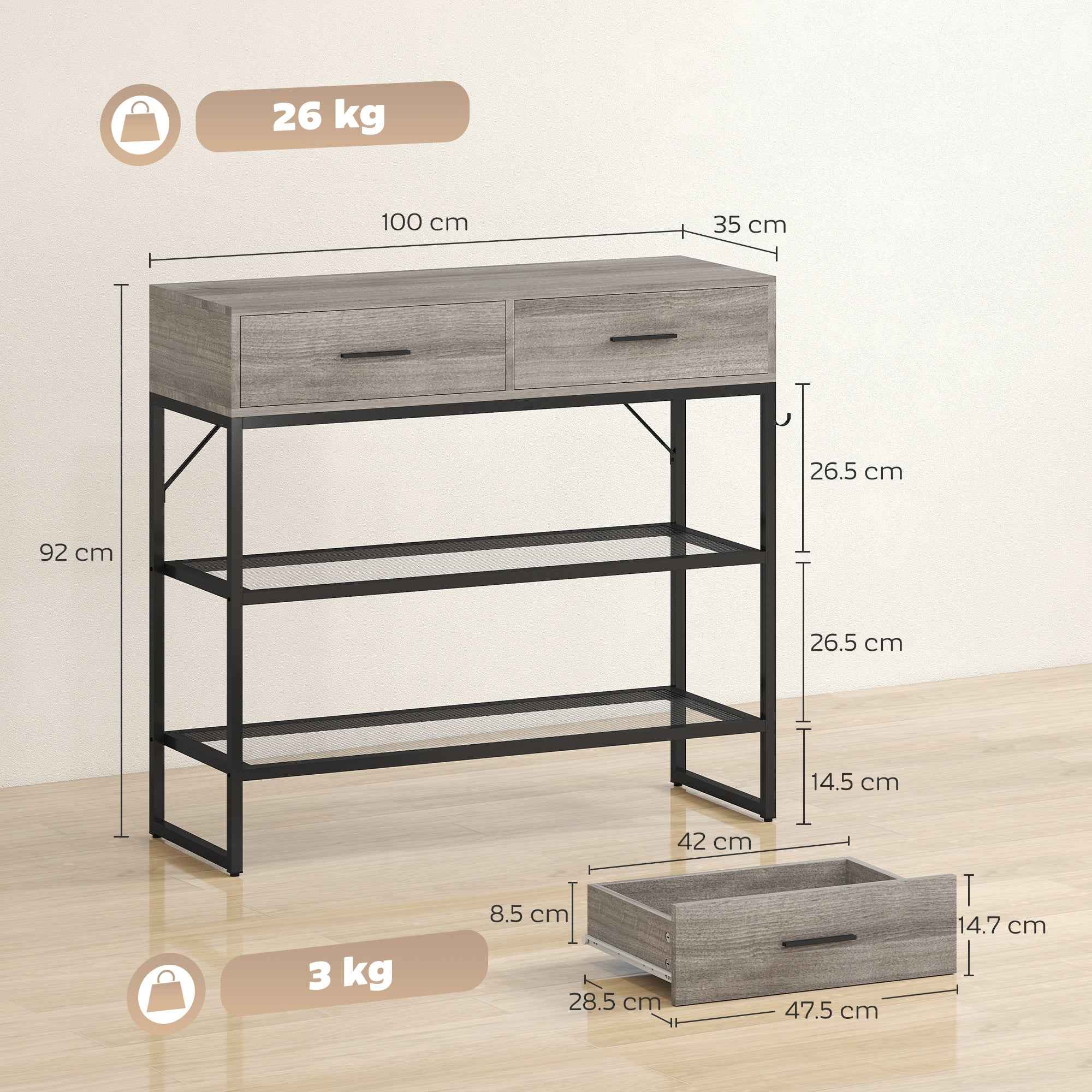 HOMCOM Entrance Console Table with 2 Drawers, 2 Shelves and Side Hook, in Wood and Metal, 100x35x92 cm, Black and Wood
