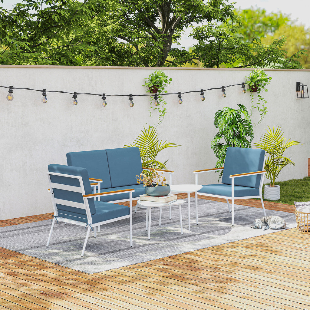 Outdoor Set with 2-Seater Sofa, 2 Armchairs and 2 Glass Coffee Tables, Light Blue