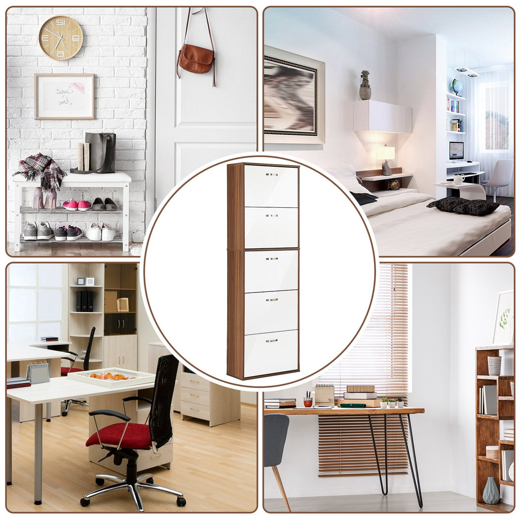 Slim 5-Tier Shoe Rack with 2 Shelves per Level, in MDF, 60x28x189 cm, White and Brown - Borgè