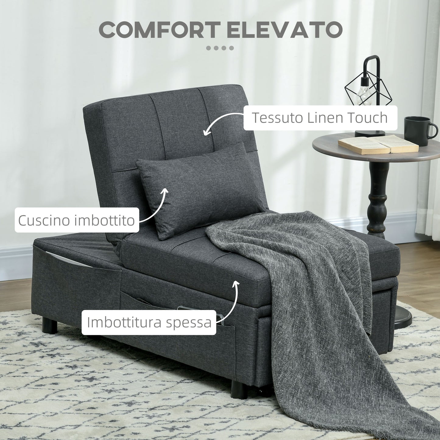 HOMCOM Single Armchair Bed 3 in 1 Reclining at 3 Levels with Cushion, in Linen Effect Fabric, 65.5x104x81 cm, Gray