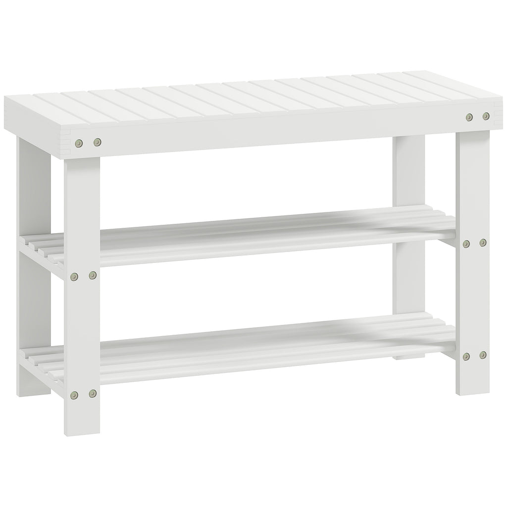 Low Bamboo Shoe Bench with 2 Slatted Shelves and Seat, 70x28x45 cm, White