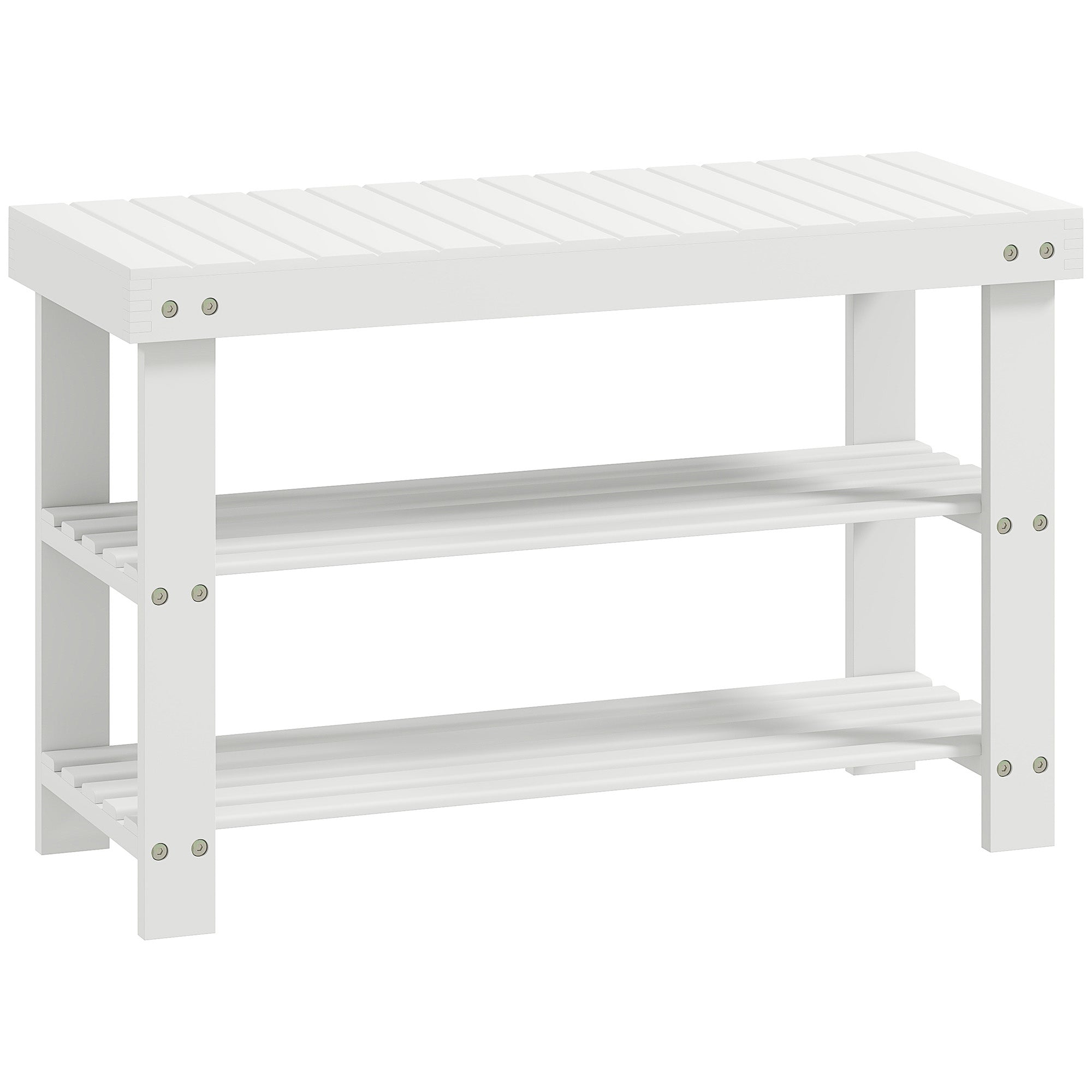 Low Bamboo Shoe Bench with 2 Slatted Shelves and Seat, 70x28x45 cm, White
