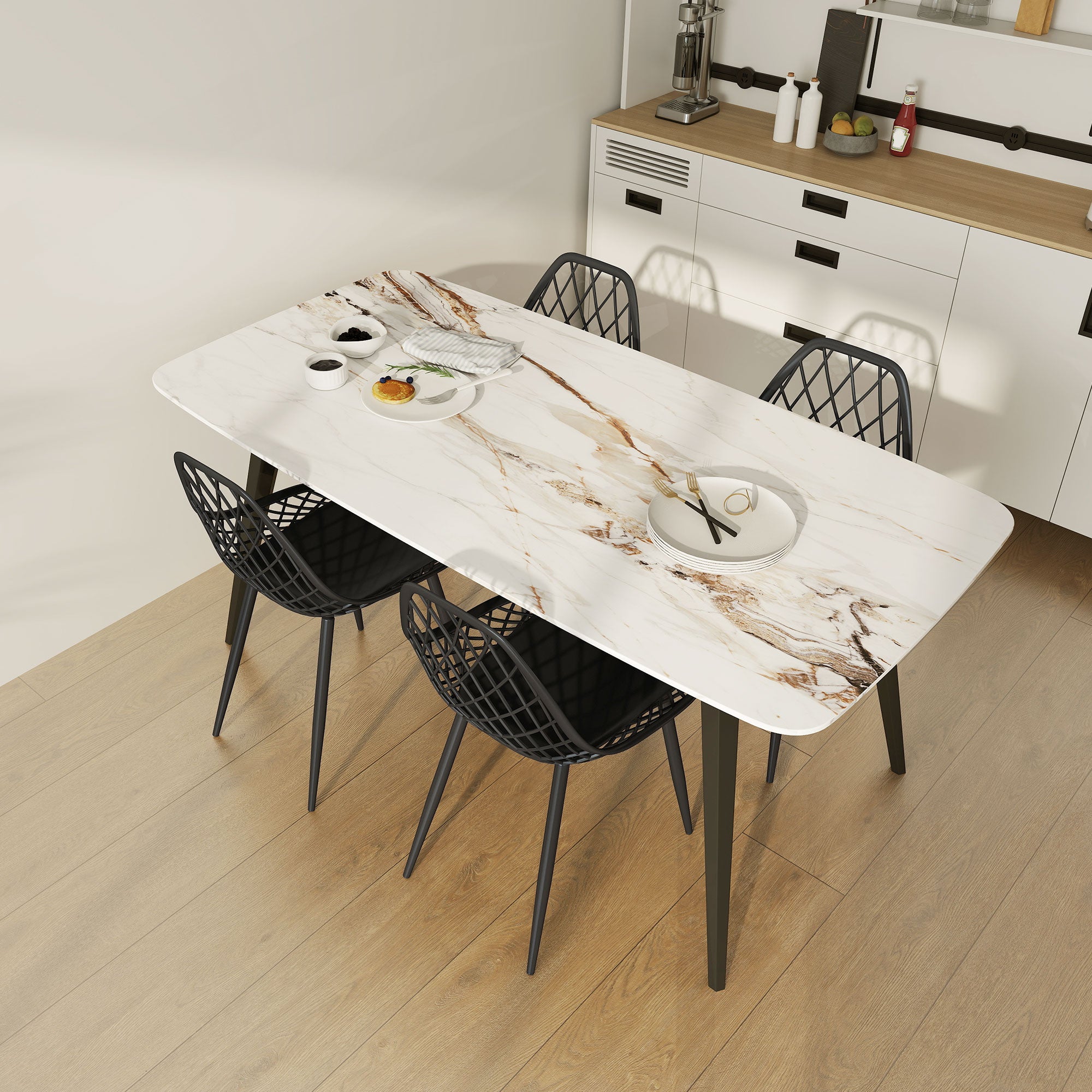 Set of 4 Modern Dining Chairs with Perforated Backrest in Plastic and Metal Legs, Black