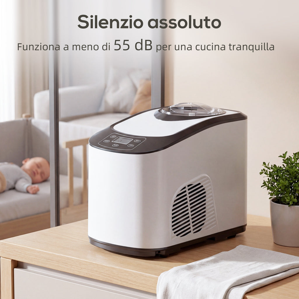 Ice Cream Maker with Built-in Compressor 1.5L, Soft and Hard Modes, Auto-Keep Cold Function, White