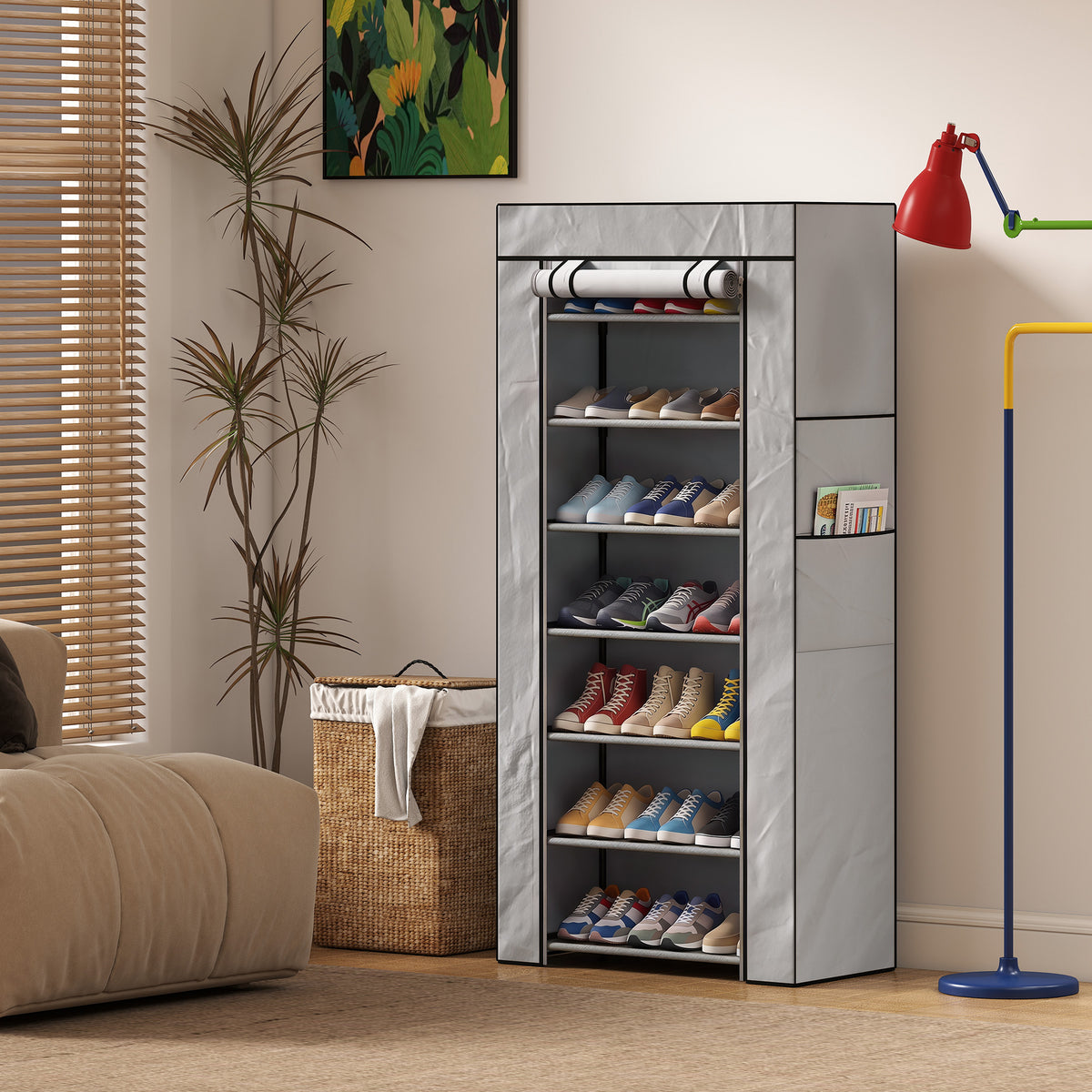 HOMCOM 7-Tier Steel Shoe Rack with TNT Cover, 60 x 30 x 126 cm, Grey