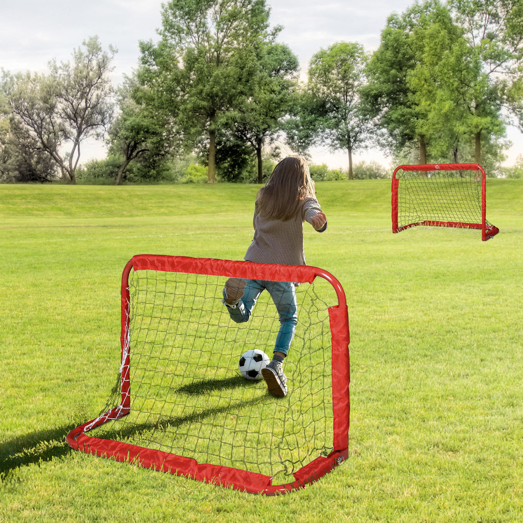 Set of 2 Folding Outdoor Football Goals with 4 Pegs, Steel and Tetrolon, 90x36x60 cm, Red