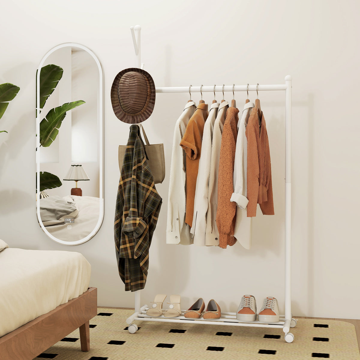 HOMCOM Metal Coat Rack with Wheels, 5 Hooks and Lower Shoe Shelf, Load Capacity 9 kg, White