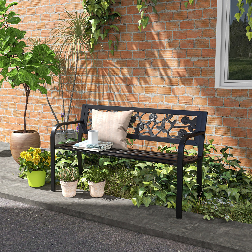 Outsunny Garden bench 2 seats in steel with decorated back and armrests, 127x50x75cm, black - Borgè