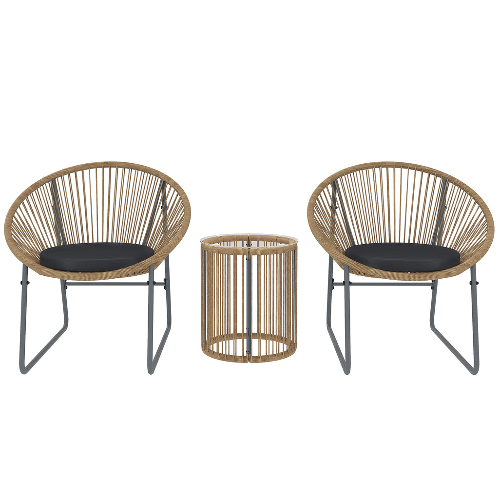 3 Piece Rattan and Steel Garden Set with 2 Chairs with Cushions and Cylinder Coffee Table, Multicolor