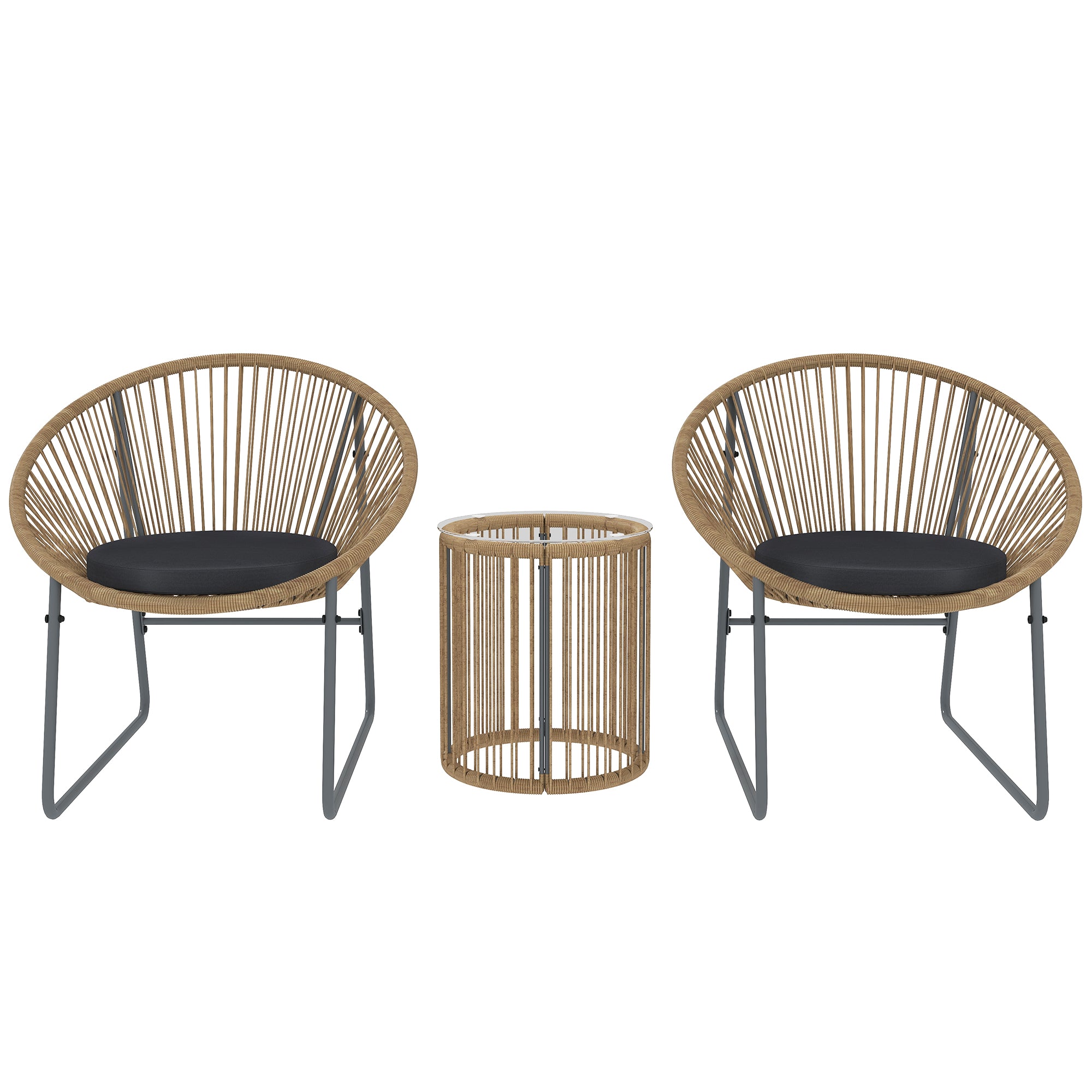 3 Piece Rattan and Steel Garden Set with 2 Chairs with Cushions and Cylinder Coffee Table, Multicolor