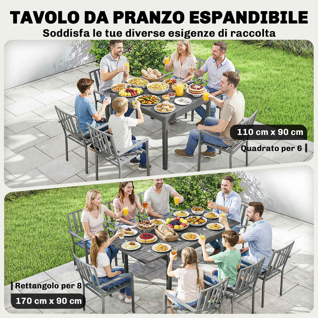 Outsunny Extendable Garden Table for 6-8 People with Slatted Top, Aluminum, 110-170x90x75 cm, Dark Gray