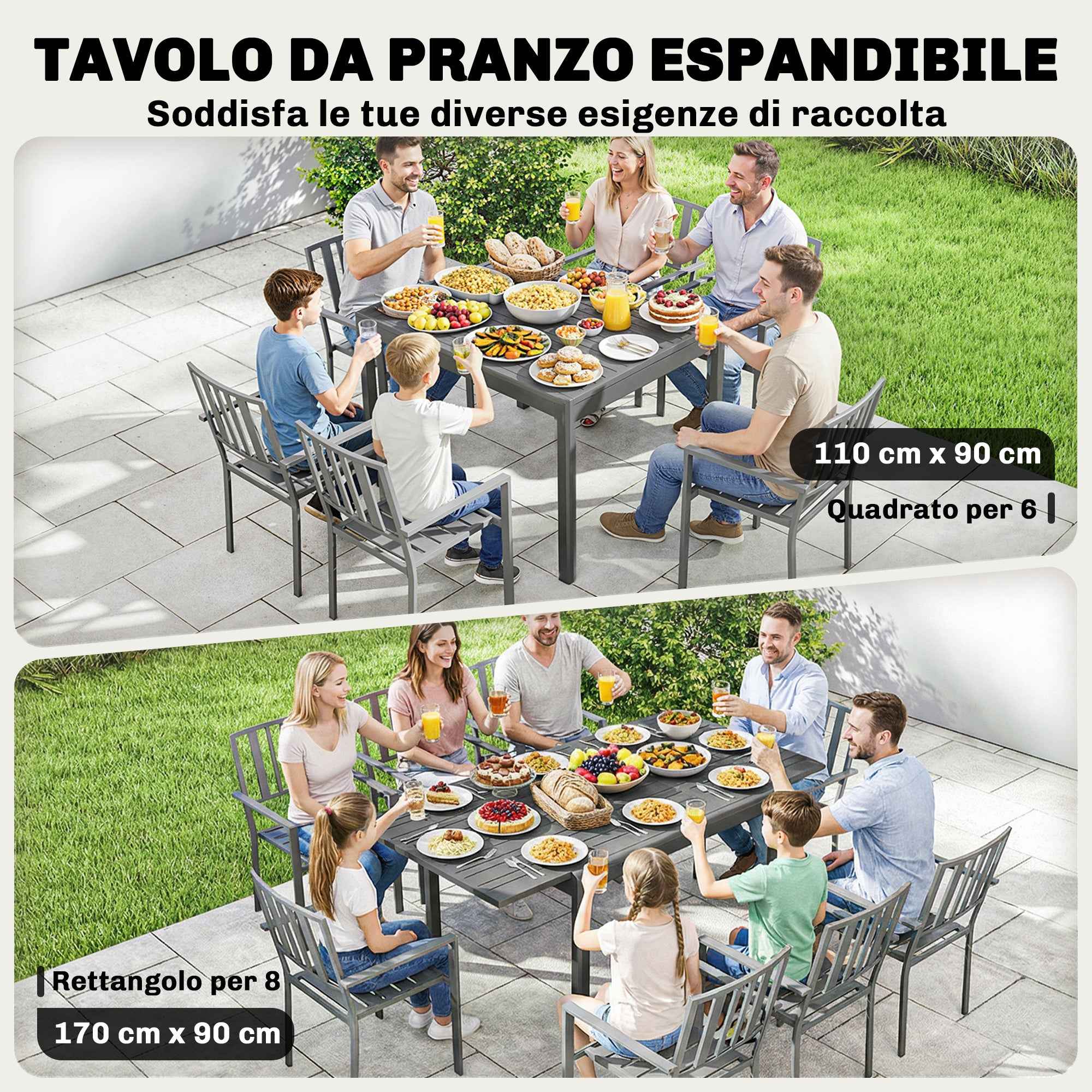 Outsunny Extendable Garden Table for 6-8 People with Slatted Top, Aluminum, 110-170x90x75 cm, Dark Gray