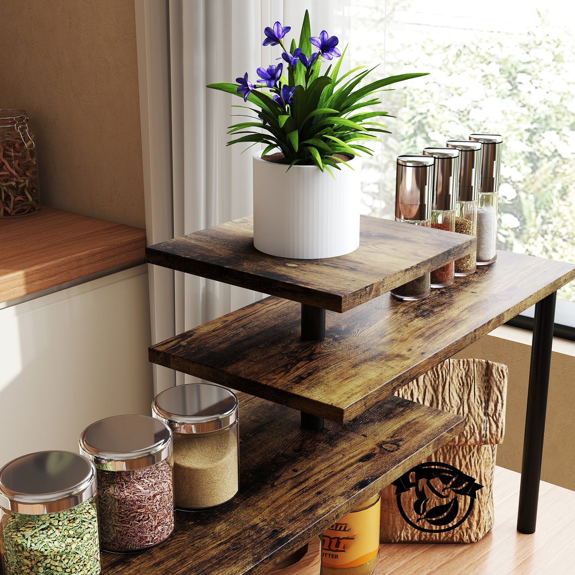 3-Tier Rotating Kitchen Shelf, Space-Saving, Wood and Steel, 40x10x36.5 cm, Rustic Brown