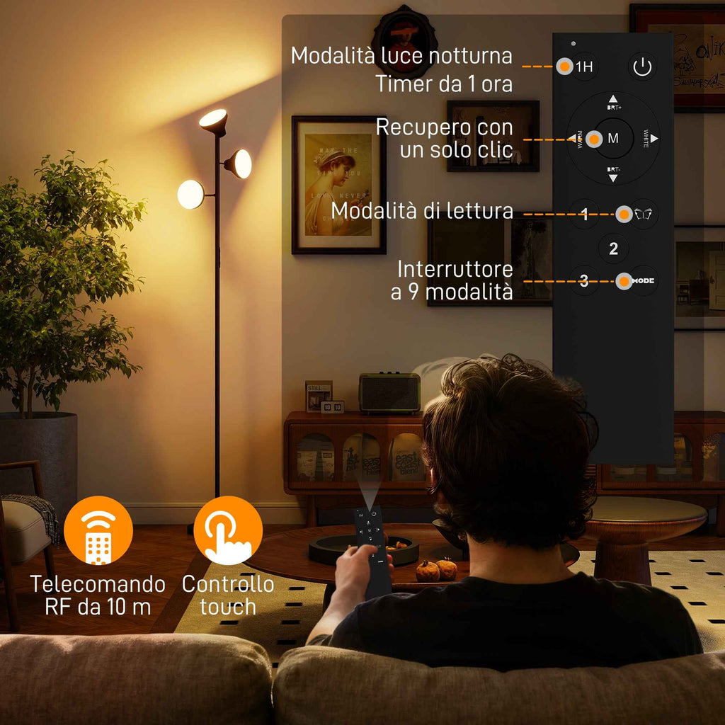 HOMCOM Floor Lamp with 3 Independent Adjustable Heads, Remote Control and Timer, in Steel and Plastic, Ø25x170 cm, Black