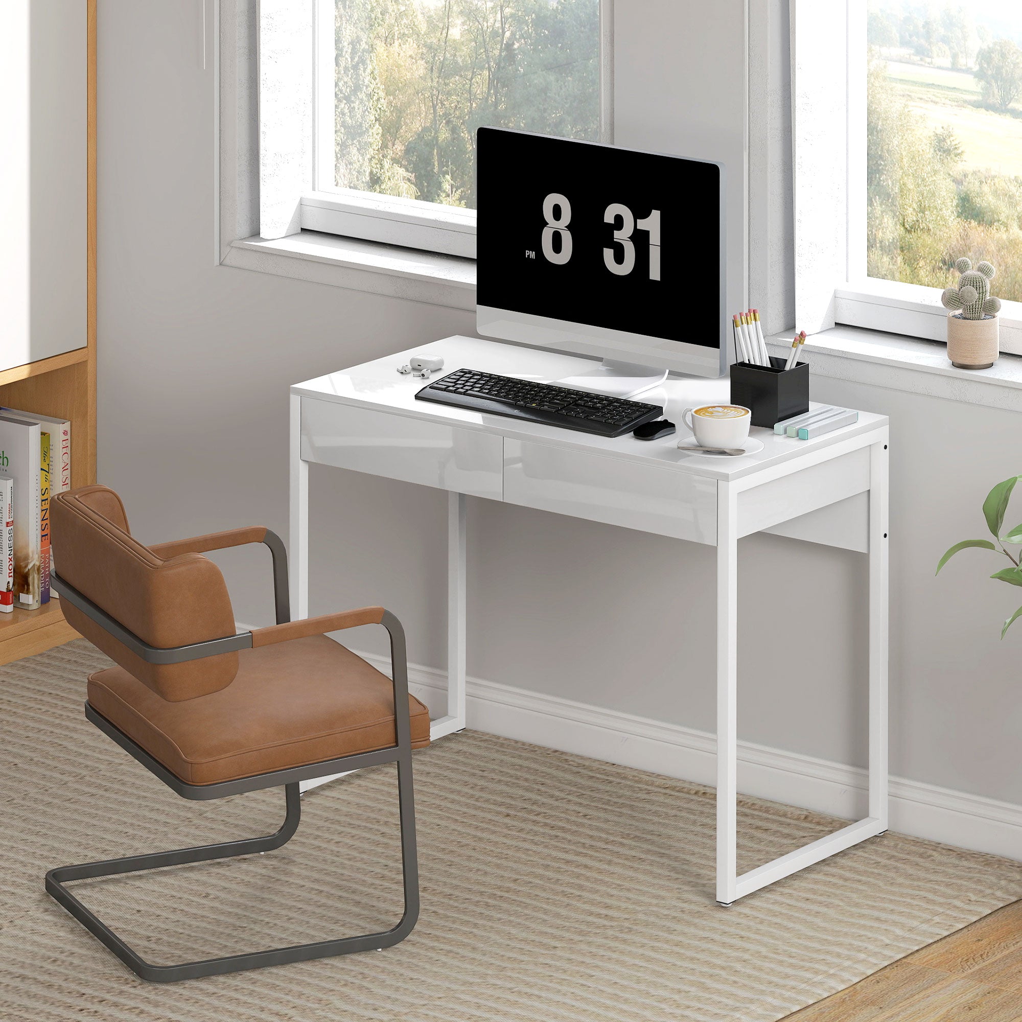Modern Desk with 2 Drawers and Steel Legs, 100x50x75 cm, Gloss White
