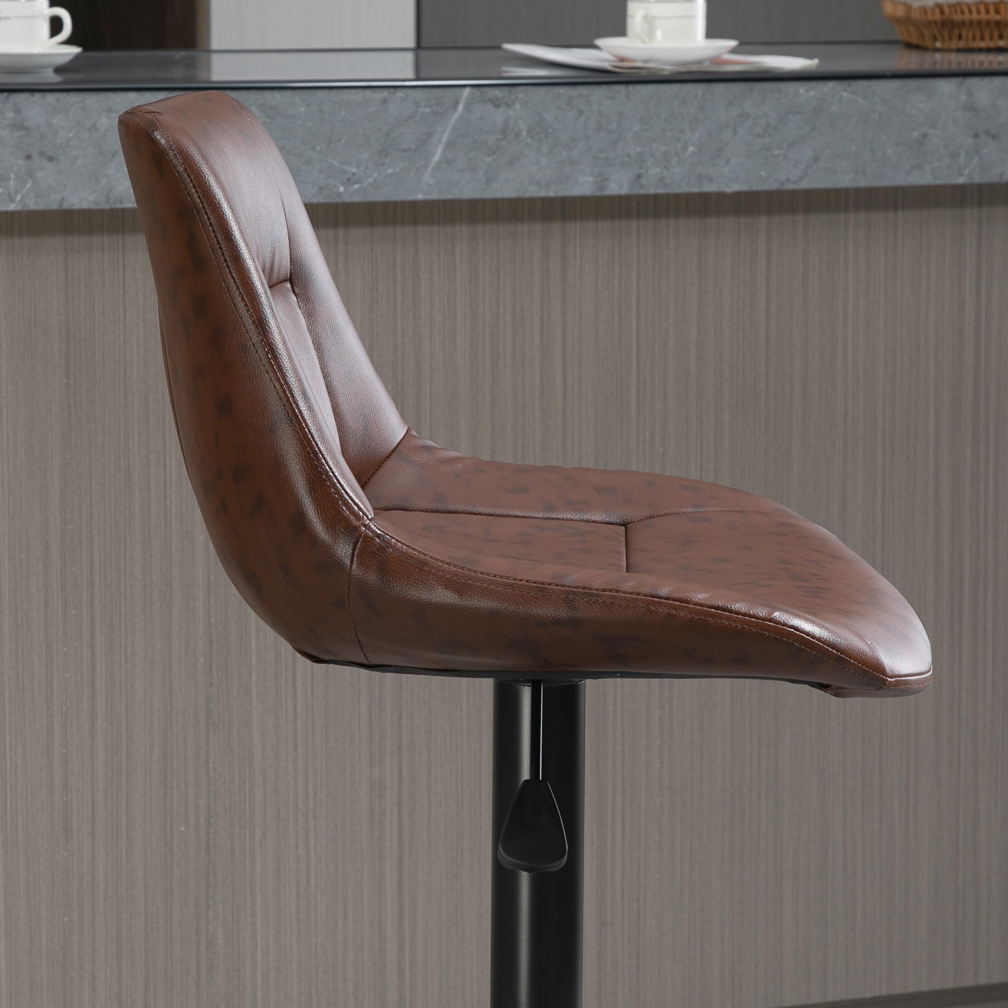 Set of 2 Vintage Brown Faux Leather Bar Stools with Footrest and Round Base, 46.5x50x88-108 cm
