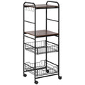 Kitchen trolley with 2 removable metal baskets, 2 chipboard shelves and side hooks, 40x38x111cm - Borgè