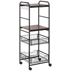 Kitchen trolley with 2 removable metal baskets, 2 chipboard shelves and side hooks, 40x38x111cm - Borgè