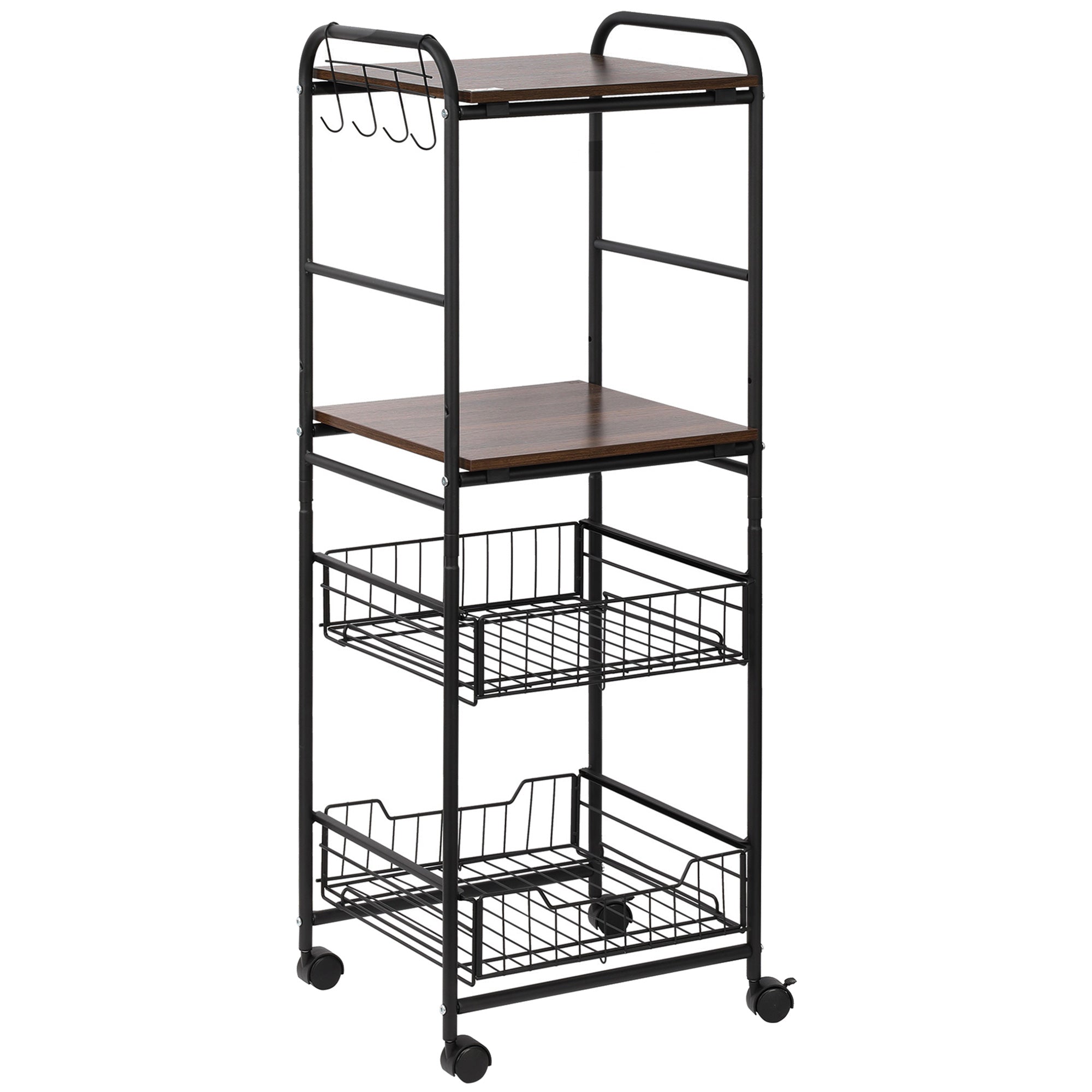 Kitchen trolley with 2 removable metal baskets, 2 chipboard shelves and side hooks, 40x38x111cm - Borgè